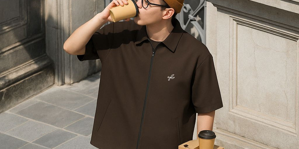 Person in brown shirt and shorts drinking from a coffee cup on a city street.