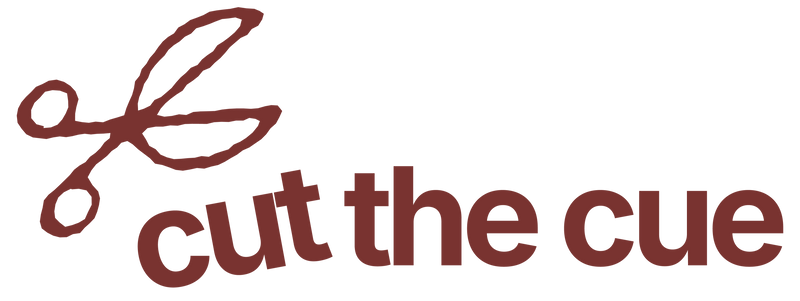 Logo with scissors icon and 'cut the cue' text on a white background