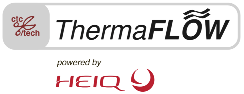 ThermaFLOW logo with ctc & tech and HEIQ branding on a white background